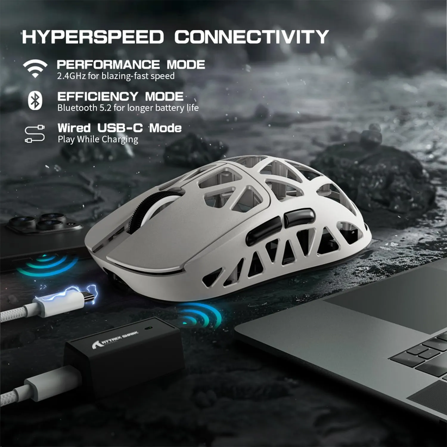 ATTACK SHARK R2 SUPERLIGHT Wireless Gaming Mouse,Magnesium Alloy, PixArt PAW 3950 Sensor Optical,42K DPI 8K Polling Rate,5 Programmable Button,Tri-Mode Long Battery Life Mice for Laptop,PC-Retro White