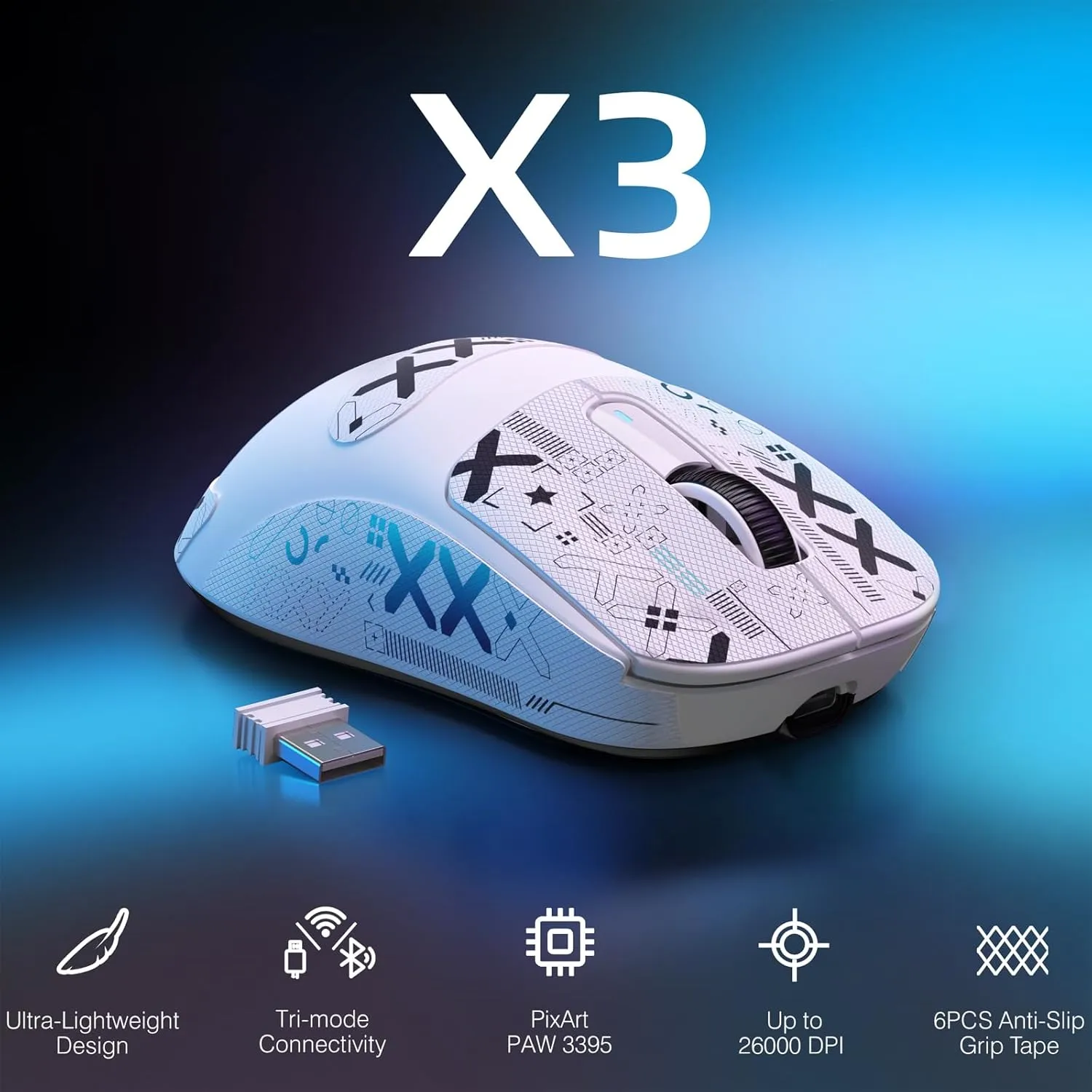 ATTACK SHARK X3 Lightweight Wireless Gaming Mouse, 49g Tri-Mode Bluetooth/2.4G/USB-C Wired Mouse, PAW3395 26K DPI Sensor, 200h Battery Life, Programmable Buttons, Griptape for PC/Laptop/Mac
