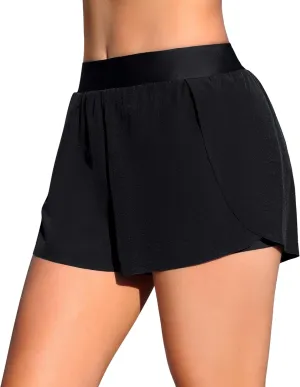 ATTRACO Women's High Waisted Swim Shorts Drawstring Board Shorts with Zipper Pockets Liner