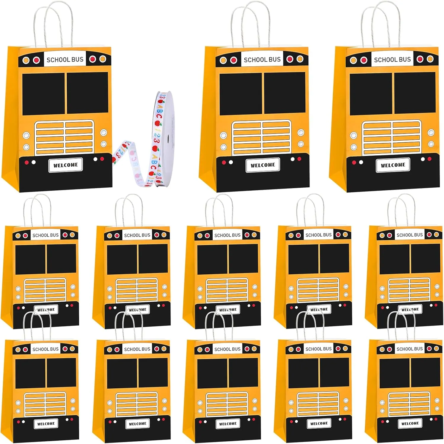 Augacage 12 Set School Bus Goodie Bag Include 12 School Bus Bags with Handles 12 Thank You Cards 1 Roll Ribbon School Bus Driver Appreciation Gifts Graduation End of Year Gift