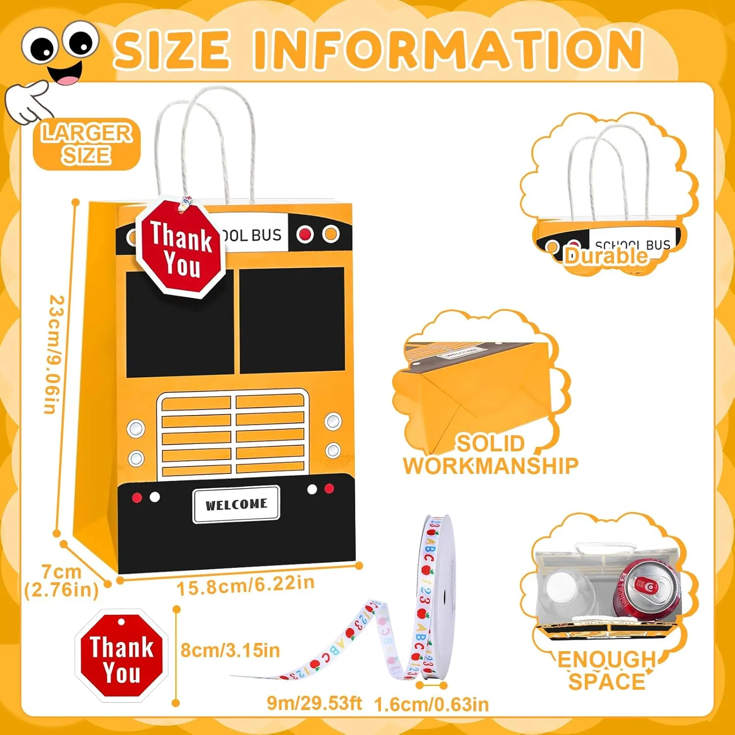 Augacage 12 Set School Bus Goodie Bag Include 12 School Bus Bags with Handles 12 Thank You Cards 1 Roll Ribbon School Bus Driver Appreciation Gifts Graduation End of Year Gift