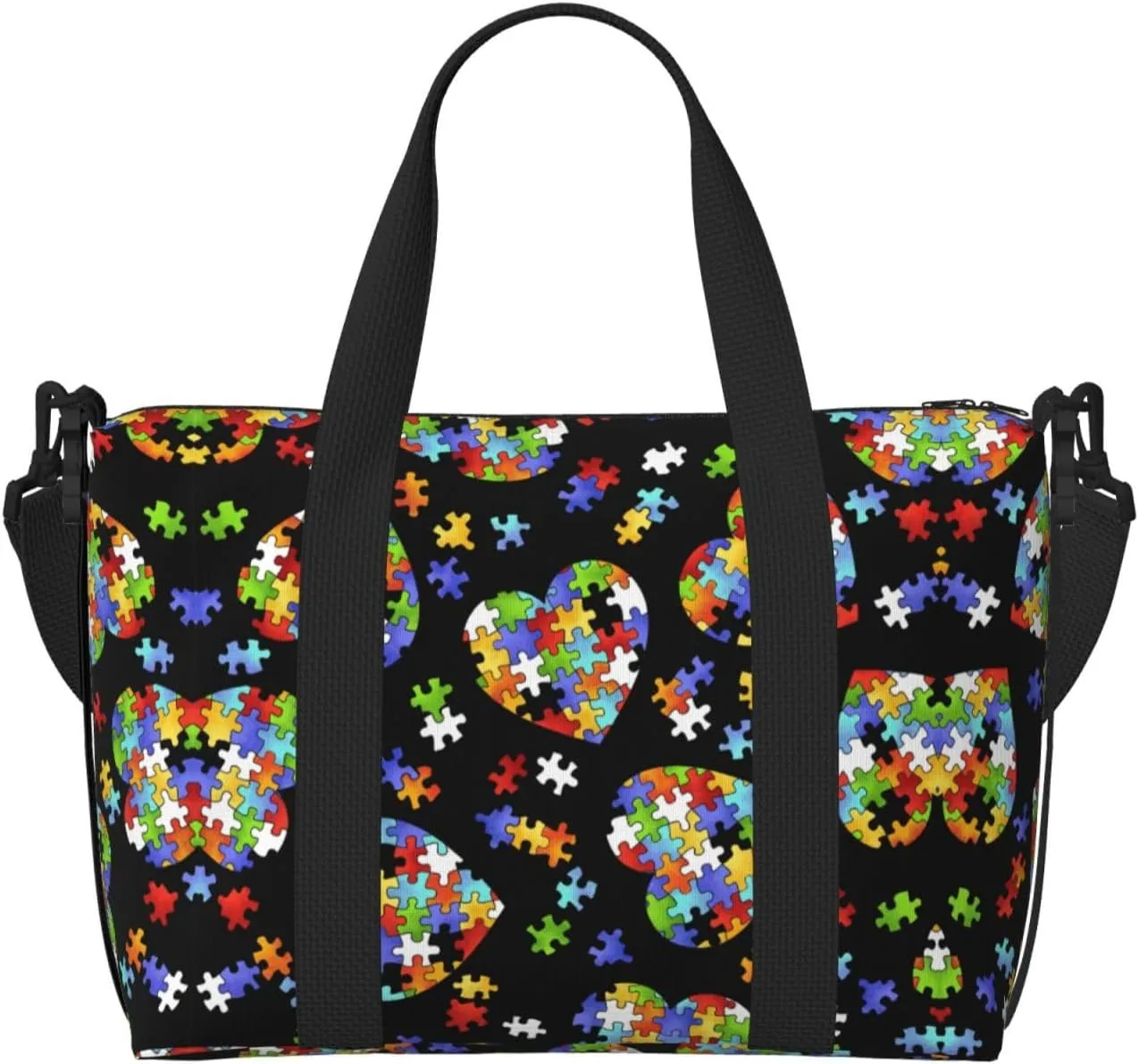 Autism Awareness Puzzle Pieces Heart Printinggym Bags For Men Women, Foldable Travel Duffle Bag,Lightweight Weekender Duffel Bag