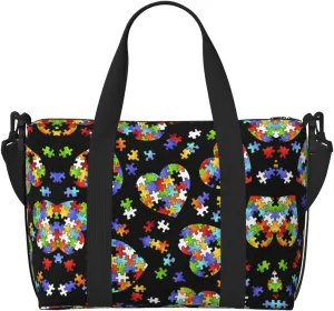 Autism Awareness Puzzle Pieces Heart Printinggym Bags For Men Women, Foldable Travel Duffle Bag,Lightweight Weekender Duffel Bag