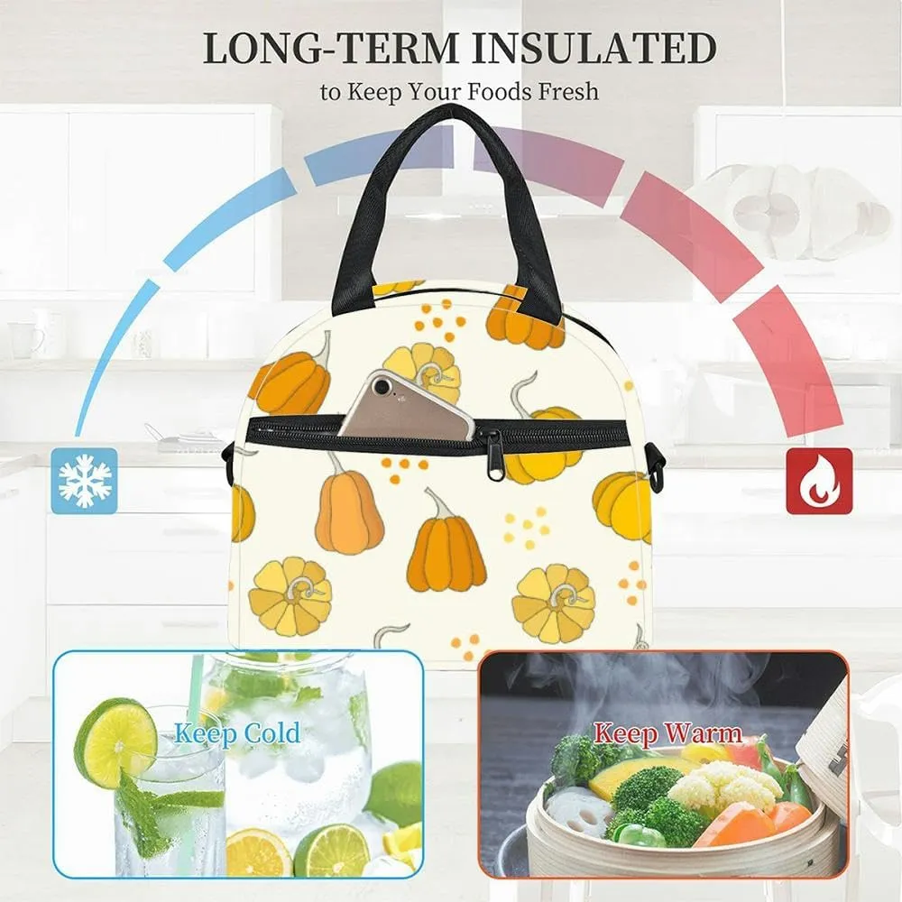 Autumn style cute naive animals flowers leaf pumpkin rain coat Insulated Adult Lunch Bag with Shoulder Strap for Women Lightweight Reusable Portable Freezable Lunch Tote Bag for Work Picnic
