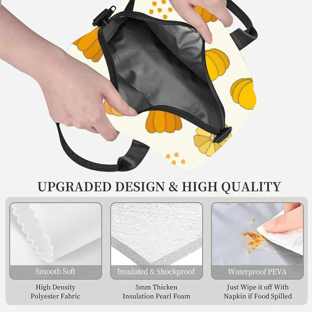 Autumn style cute naive animals flowers leaf pumpkin rain coat Insulated Adult Lunch Bag with Shoulder Strap for Women Lightweight Reusable Portable Freezable Lunch Tote Bag for Work Picnic