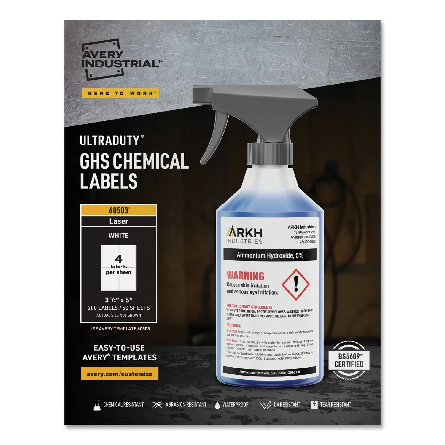 Avery® Ultraduty Ghs Chemical Waterproof And Uv Resistant Labels, 3.5 X 5, White, 4/sheet, 50 Sheets/box