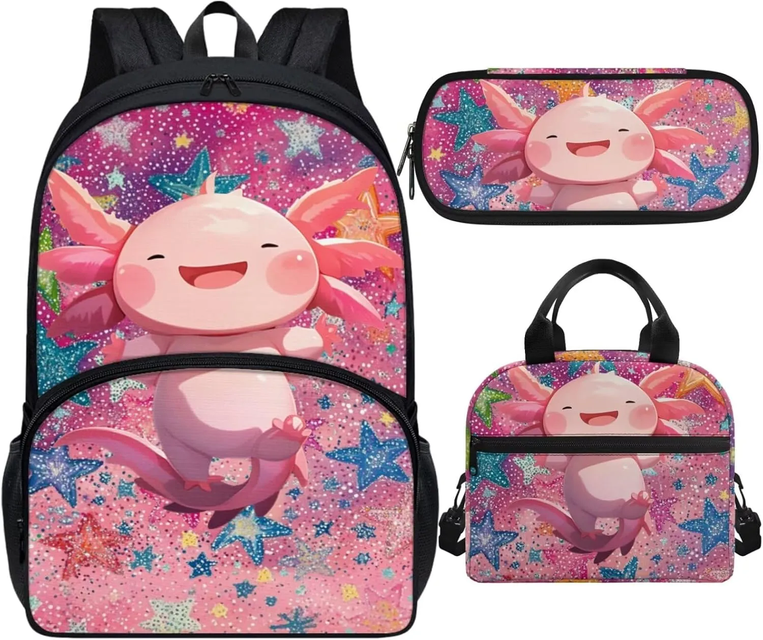 Axolotl Girls Backpack 8-10 Years Old Trendy Pink School Bag for Primary Kids 5 Grade Stars 3 Pcs Bookbag with Lunch Bag Pencil Case Back to School Gift