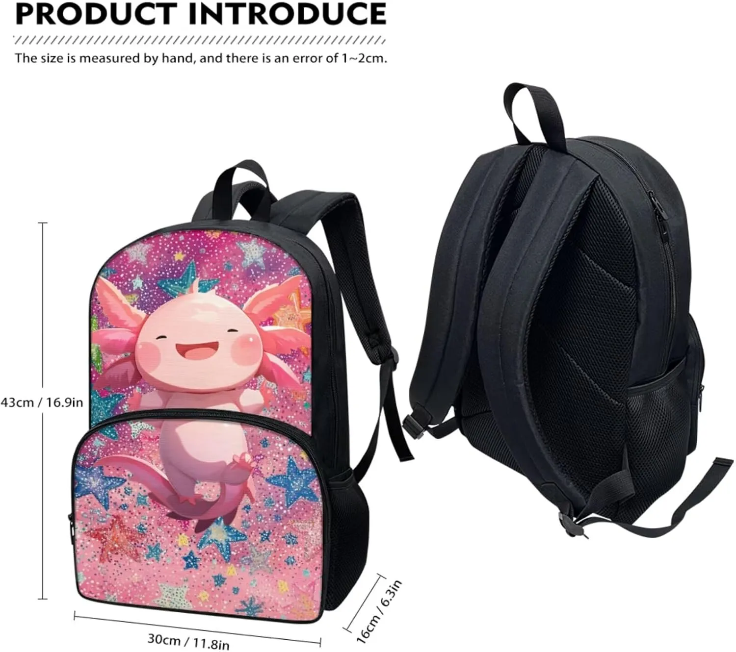 Axolotl Girls Backpack 8-10 Years Old Trendy Pink School Bag for Primary Kids 5 Grade Stars 3 Pcs Bookbag with Lunch Bag Pencil Case Back to School Gift