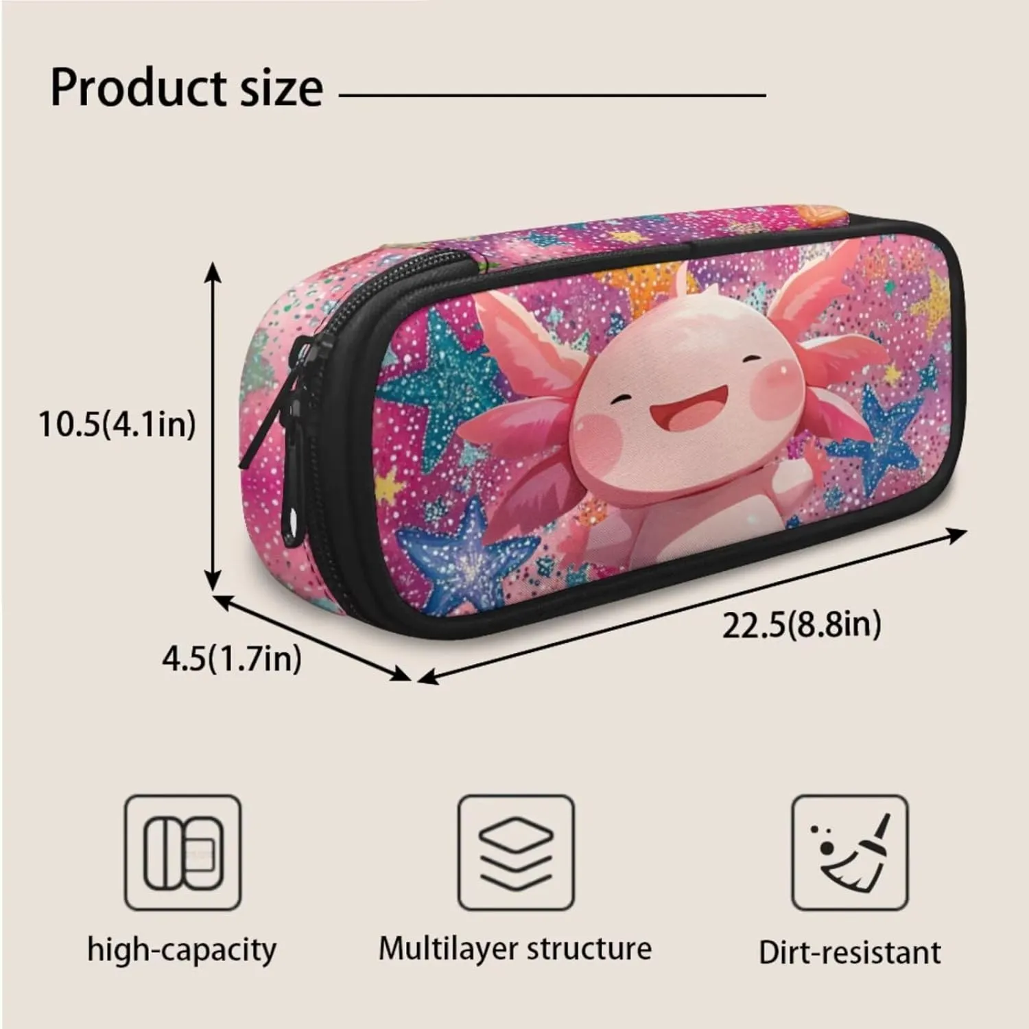 Axolotl Girls Backpack 8-10 Years Old Trendy Pink School Bag for Primary Kids 5 Grade Stars 3 Pcs Bookbag with Lunch Bag Pencil Case Back to School Gift