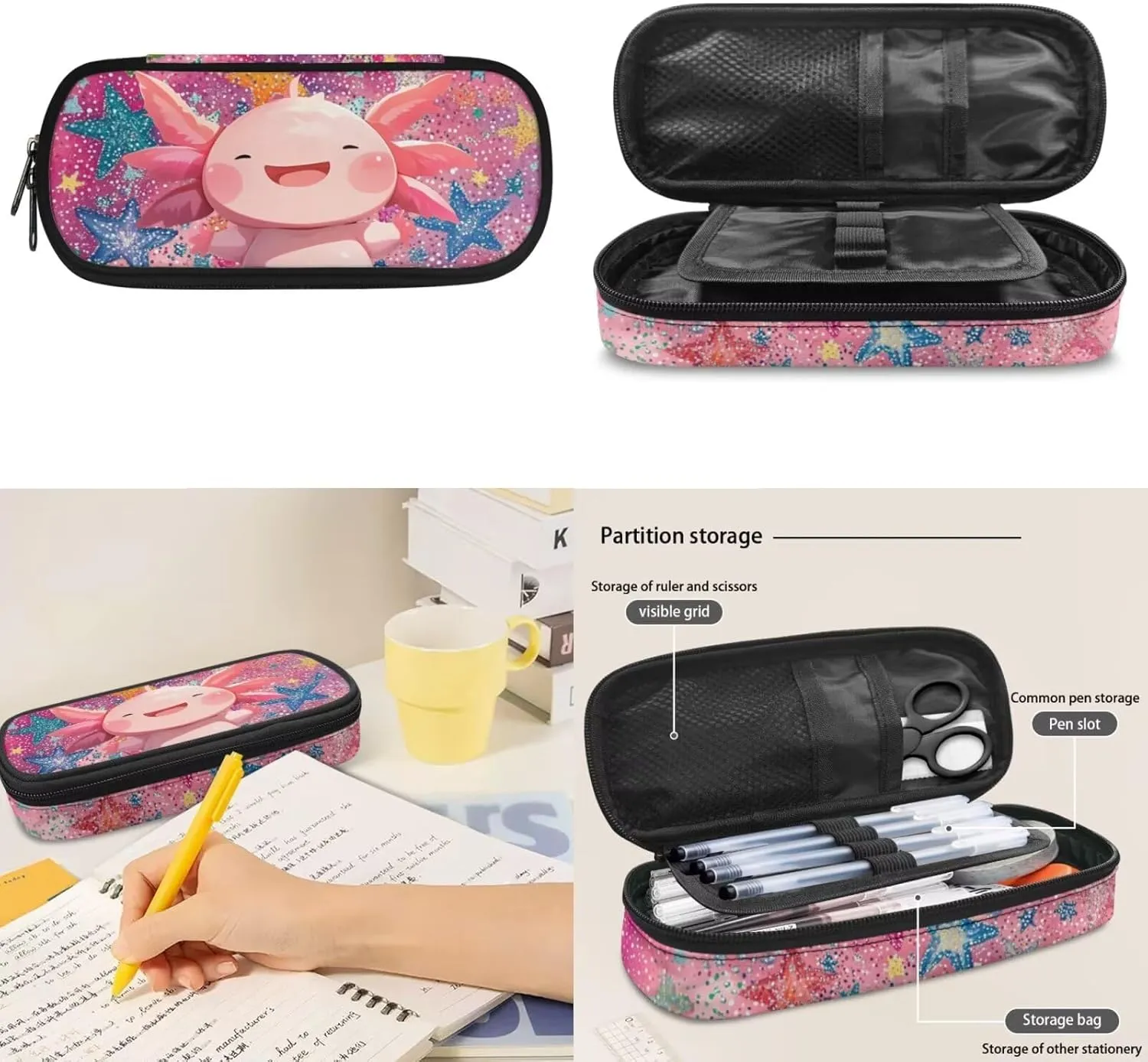 Axolotl Girls Backpack 8-10 Years Old Trendy Pink School Bag for Primary Kids 5 Grade Stars 3 Pcs Bookbag with Lunch Bag Pencil Case Back to School Gift