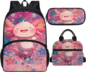 Axolotl Girls Backpack 8-10 Years Old Trendy Pink School Bag for Primary Kids 5 Grade Stars 3 Pcs Bookbag with Lunch Bag Pencil Case Back to School Gift