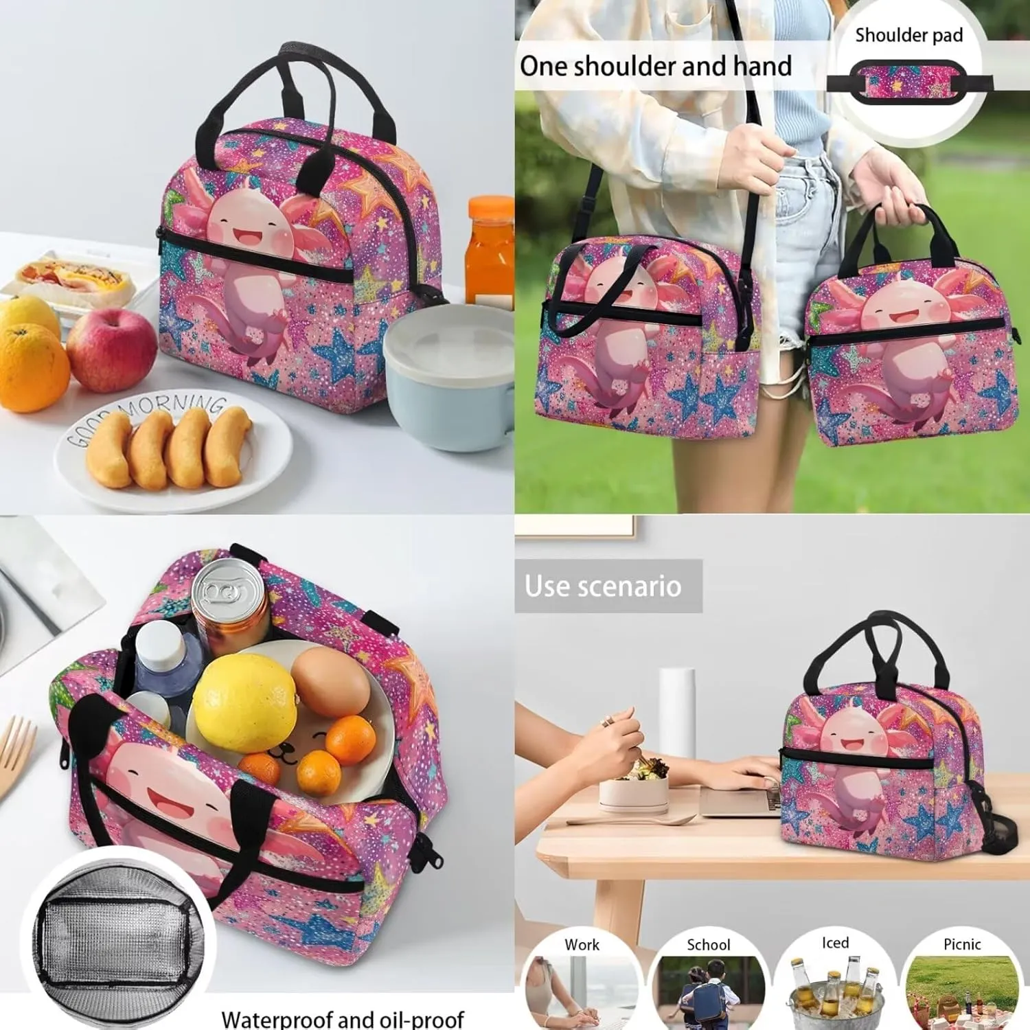 Axolotl Girls Backpack 8-10 Years Old Trendy Pink School Bag for Primary Kids 5 Grade Stars 3 Pcs Bookbag with Lunch Bag Pencil Case Back to School Gift