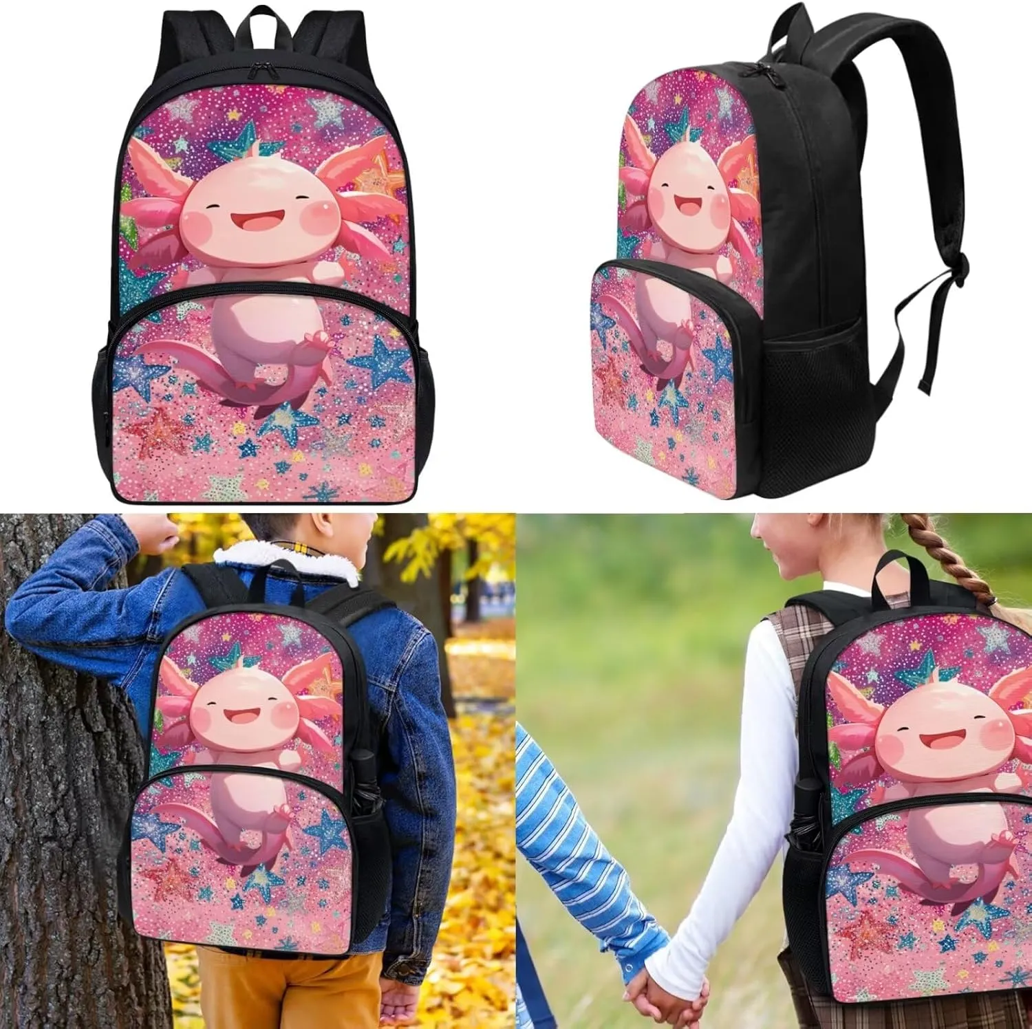 Axolotl Girls Backpack 8-10 Years Old Trendy Pink School Bag for Primary Kids 5 Grade Stars 3 Pcs Bookbag with Lunch Bag Pencil Case Back to School Gift