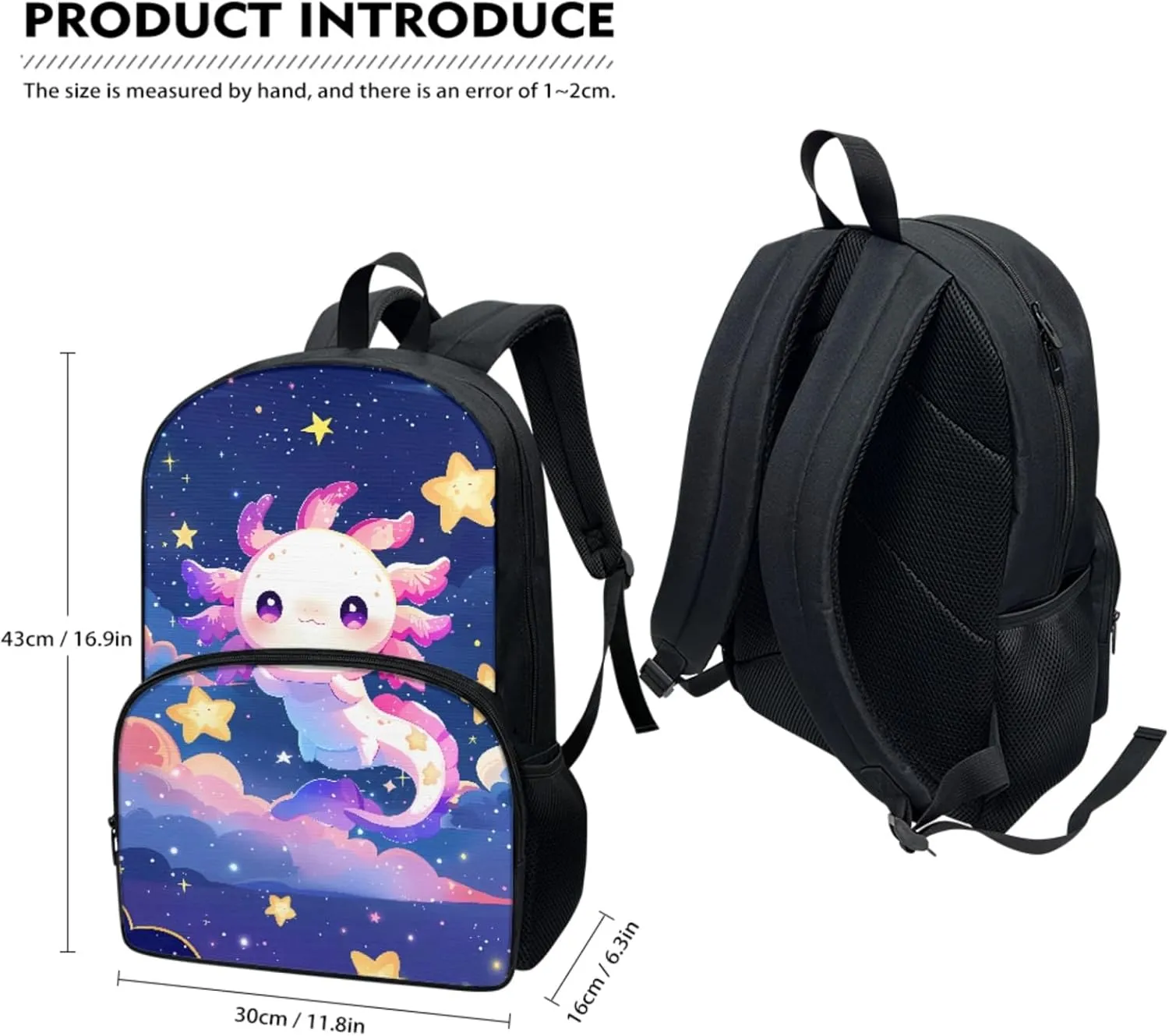 Axolotl Girls Backpack Ages 6-8 Cartoon School Bag for Kindergarten Child 3rd Grade Book Bag Set 3 Piece Lunch Box Pencil Case Back to School Gift