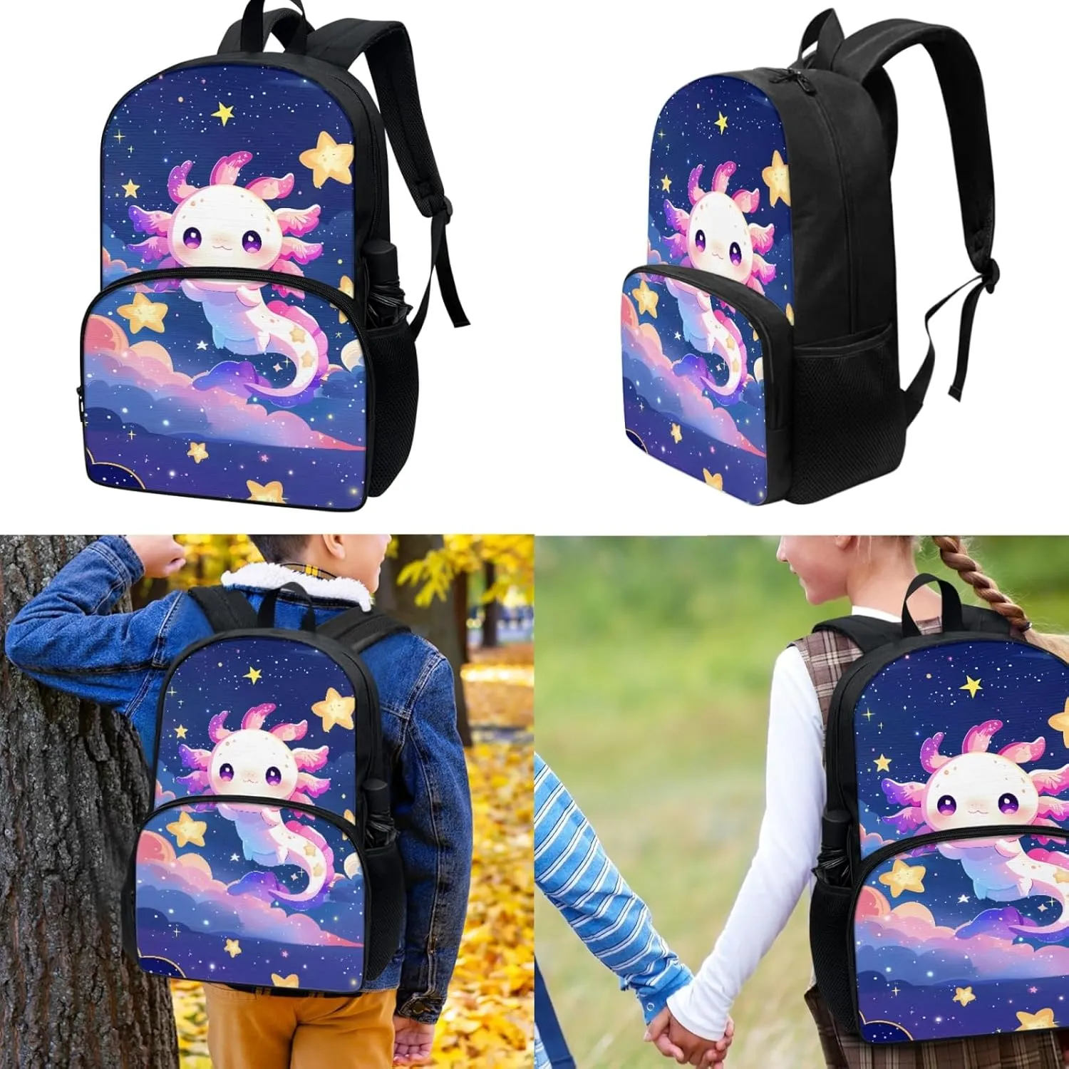 Axolotl Girls Backpack Ages 6-8 Cartoon School Bag for Kindergarten Child 3rd Grade Book Bag Set 3 Piece Lunch Box Pencil Case Back to School Gift