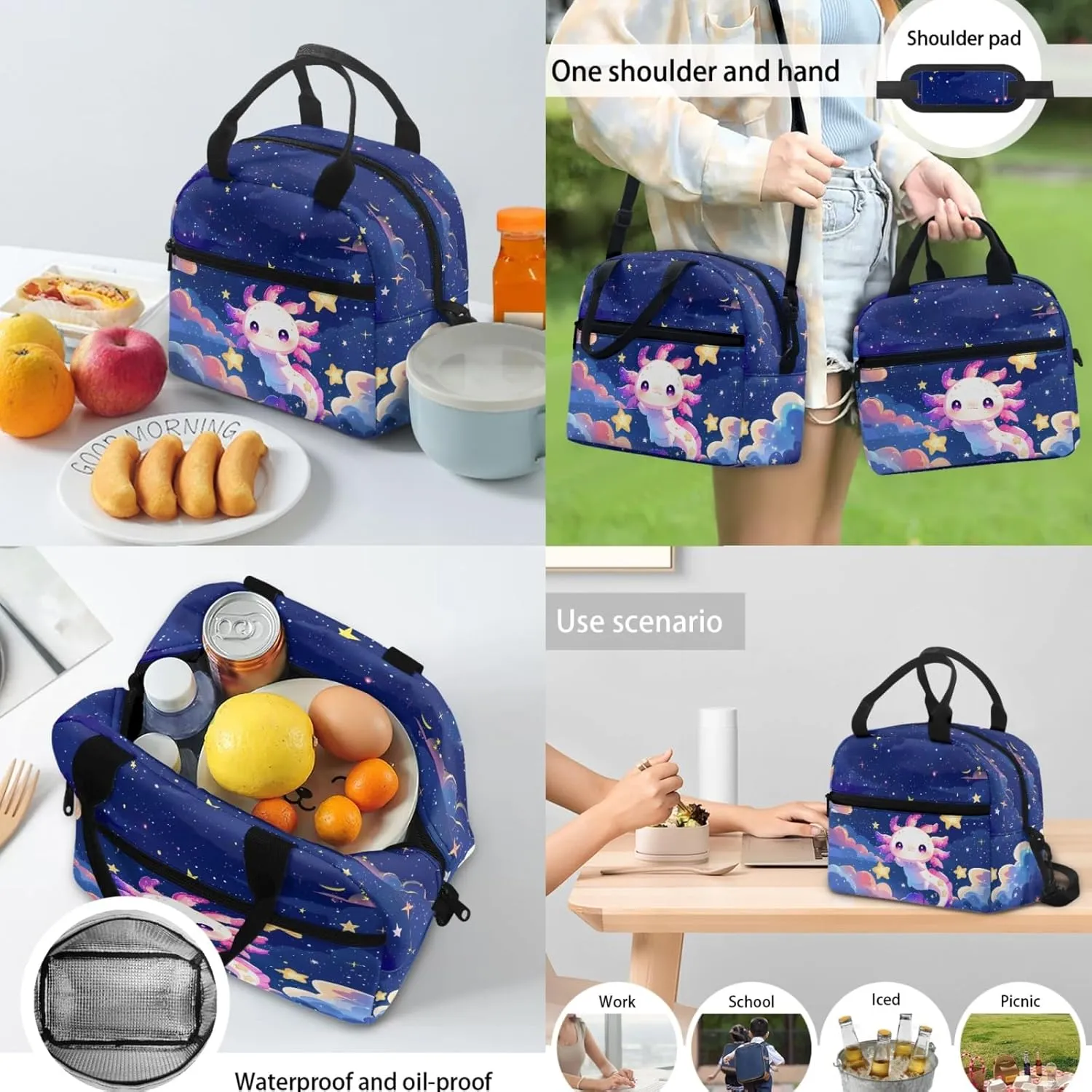 Axolotl Girls Backpack Ages 6-8 Cartoon School Bag for Kindergarten Child 3rd Grade Book Bag Set 3 Piece Lunch Box Pencil Case Back to School Gift