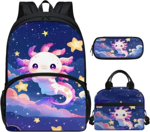 Axolotl Girls Backpack Ages 6-8 Cartoon School Bag for Kindergarten Child 3rd Grade Book Bag Set 3 Piece Lunch Box Pencil Case Back to School Gift