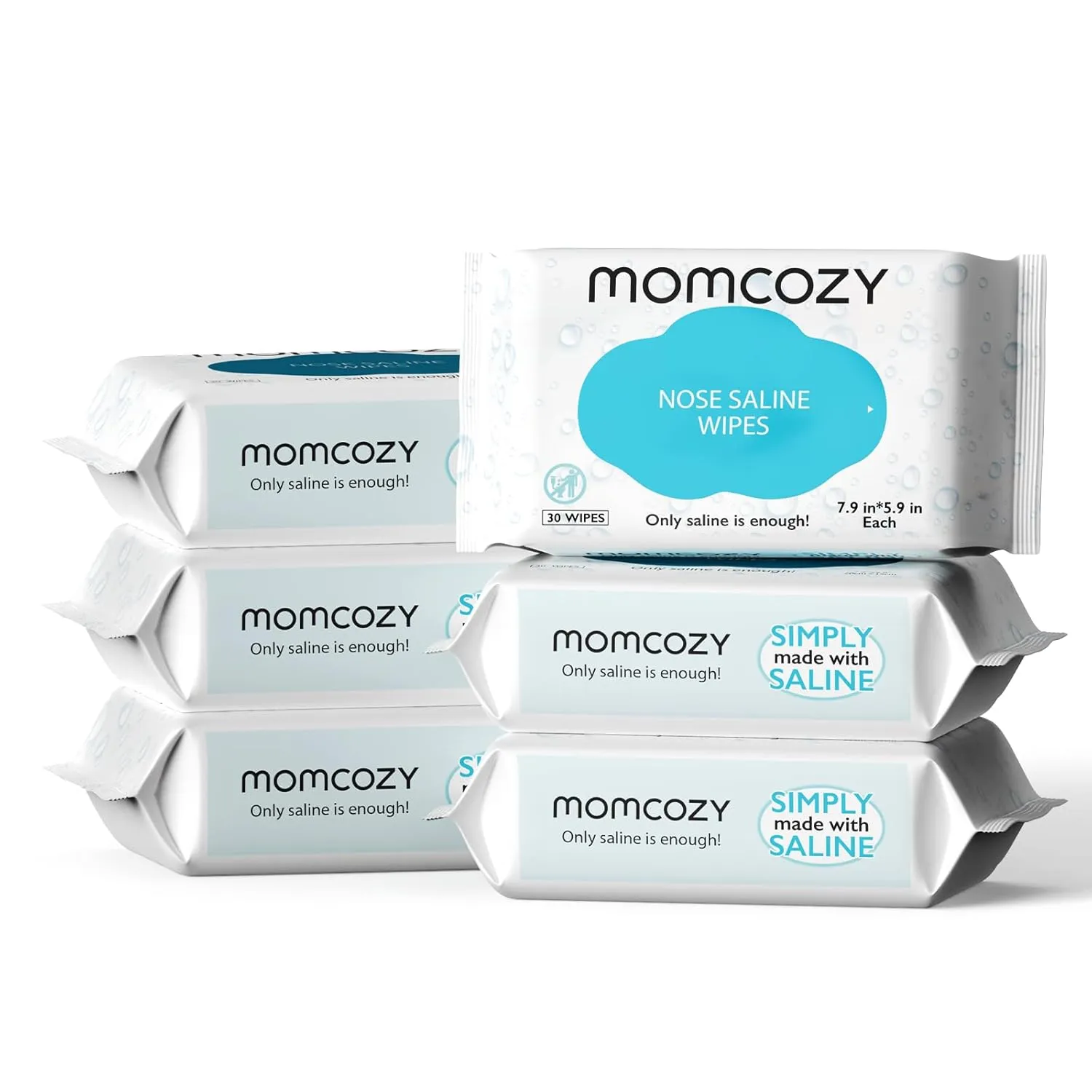 Baby Wipes, Momcozy Saline Nose and Face Baby Wipes, Made Only With Natural Saline, Mild and Non-irritating, 100% Biodegradable, Unscented & Hypoallergenic for Sensitive Skin, Portable, 180 Count (Packs of 6)