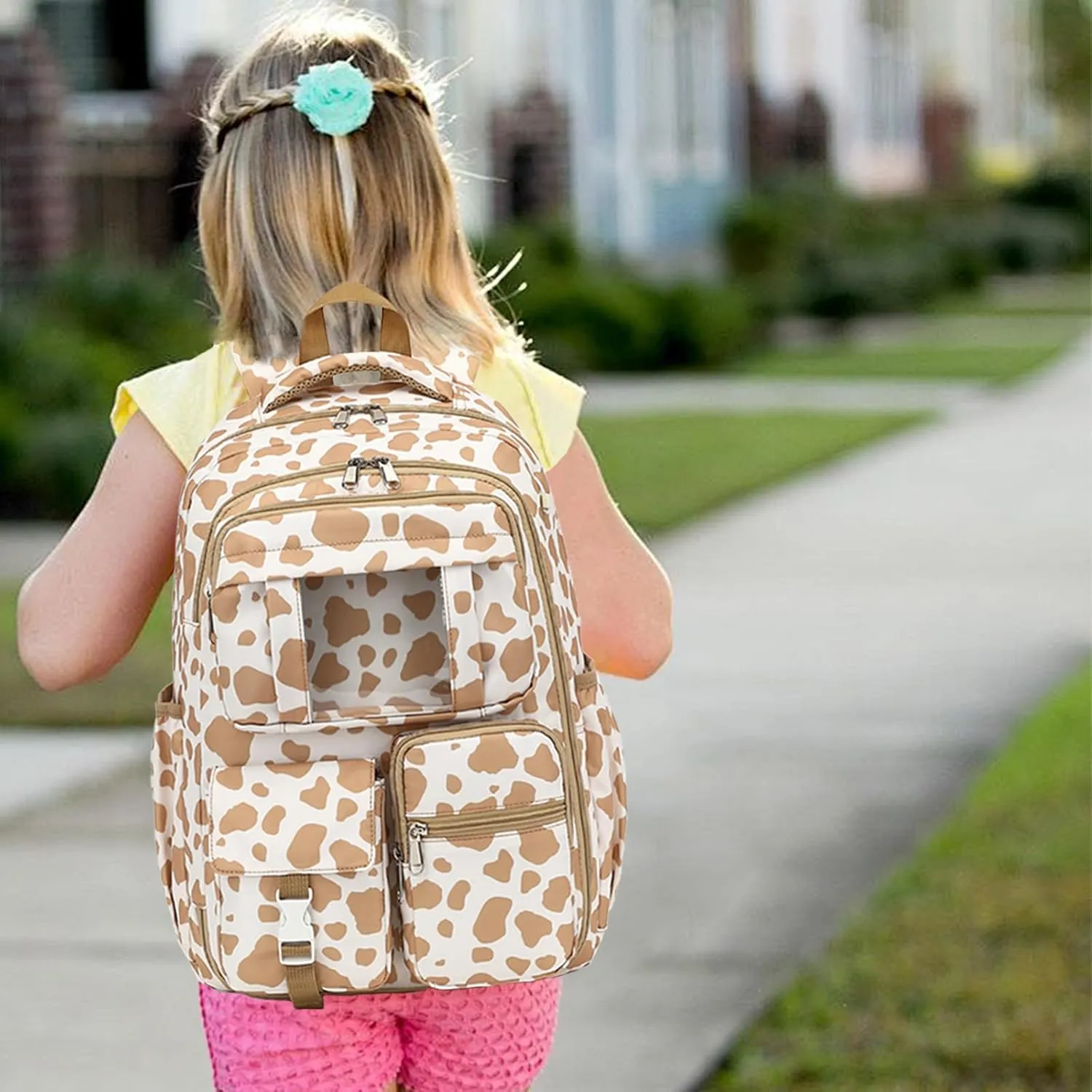 Backpack for Girls, Kids School Bags for Middle School Students Book Bag for Elementary Primary School (Cow Print Khaki)