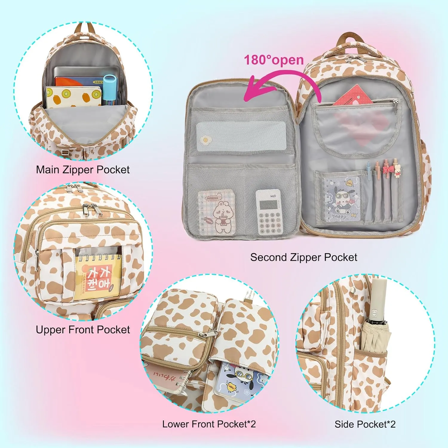 Backpack for Girls, Kids School Bags for Middle School Students Book Bag for Elementary Primary School (Cow Print Khaki)