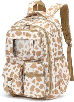 Backpack for Girls, Kids School Bags for Middle School Students Book Bag for Elementary Primary School (Cow Print Khaki)