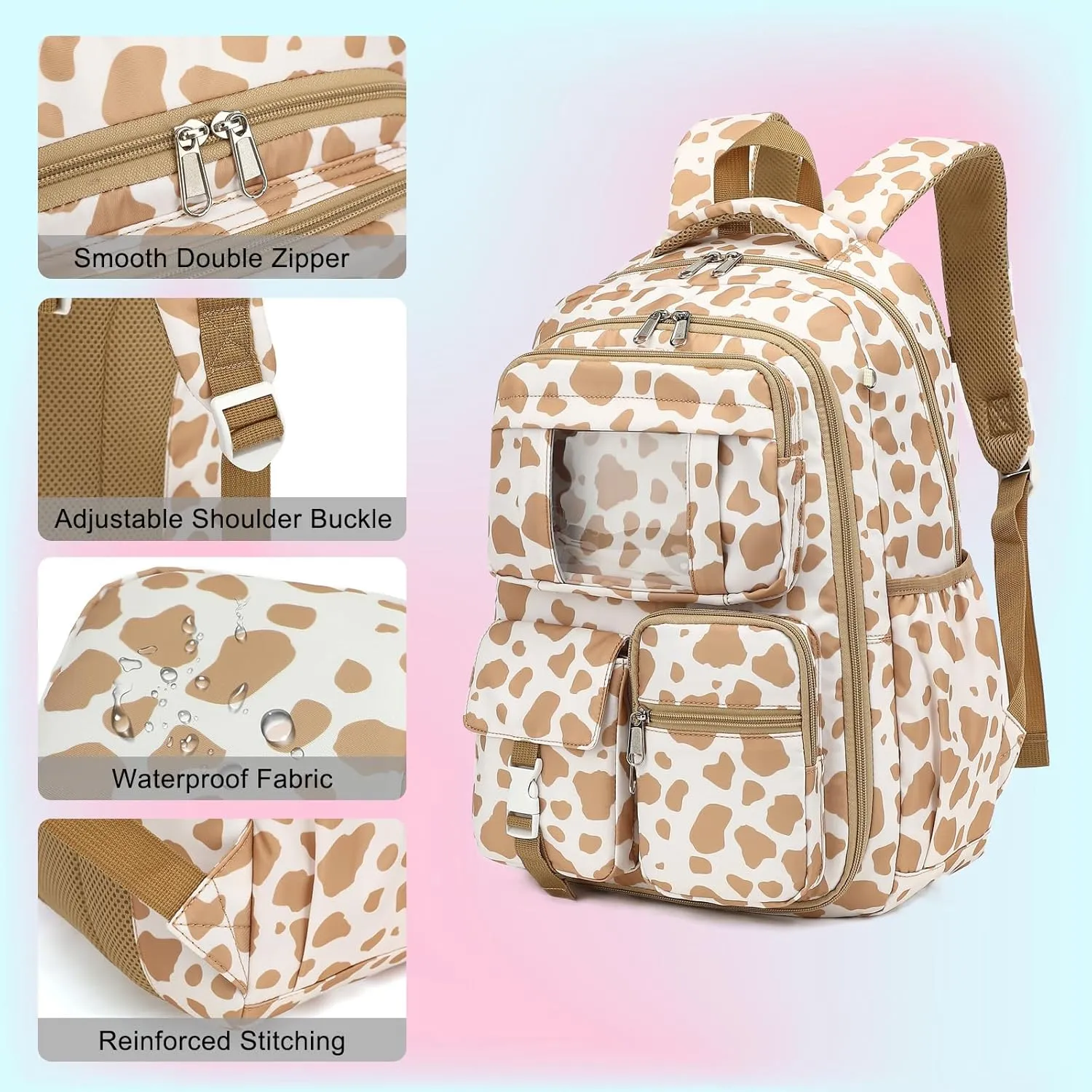 Backpack for Girls, Kids School Bags for Middle School Students Book Bag for Elementary Primary School (Cow Print Khaki)