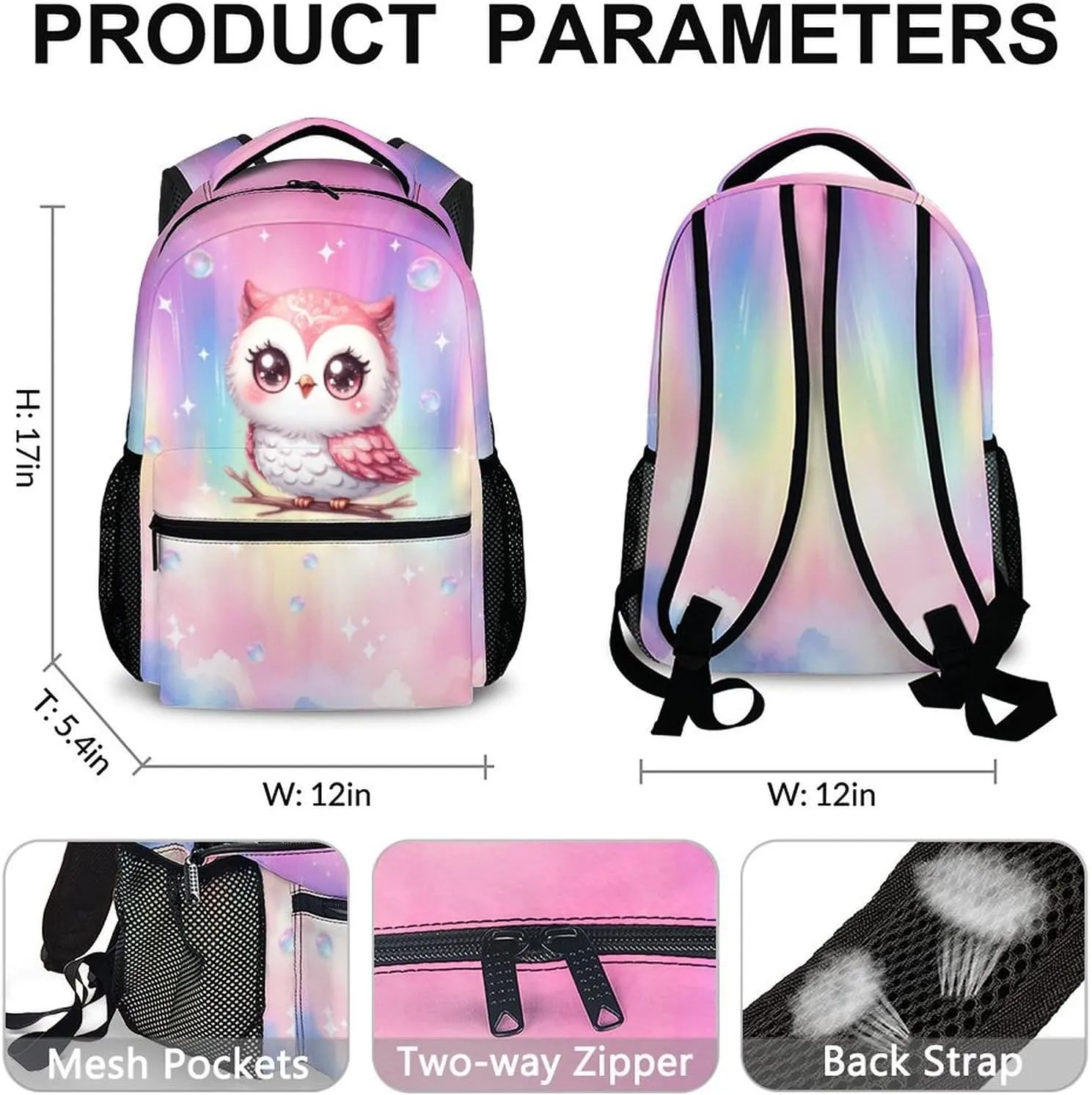 Backpack for Girls - Owl Bookbag for Kids - 17 Inch Pink Owl Schoolbag for Preschool Kindergarten Primary - Lightweight Backpack for School Travel