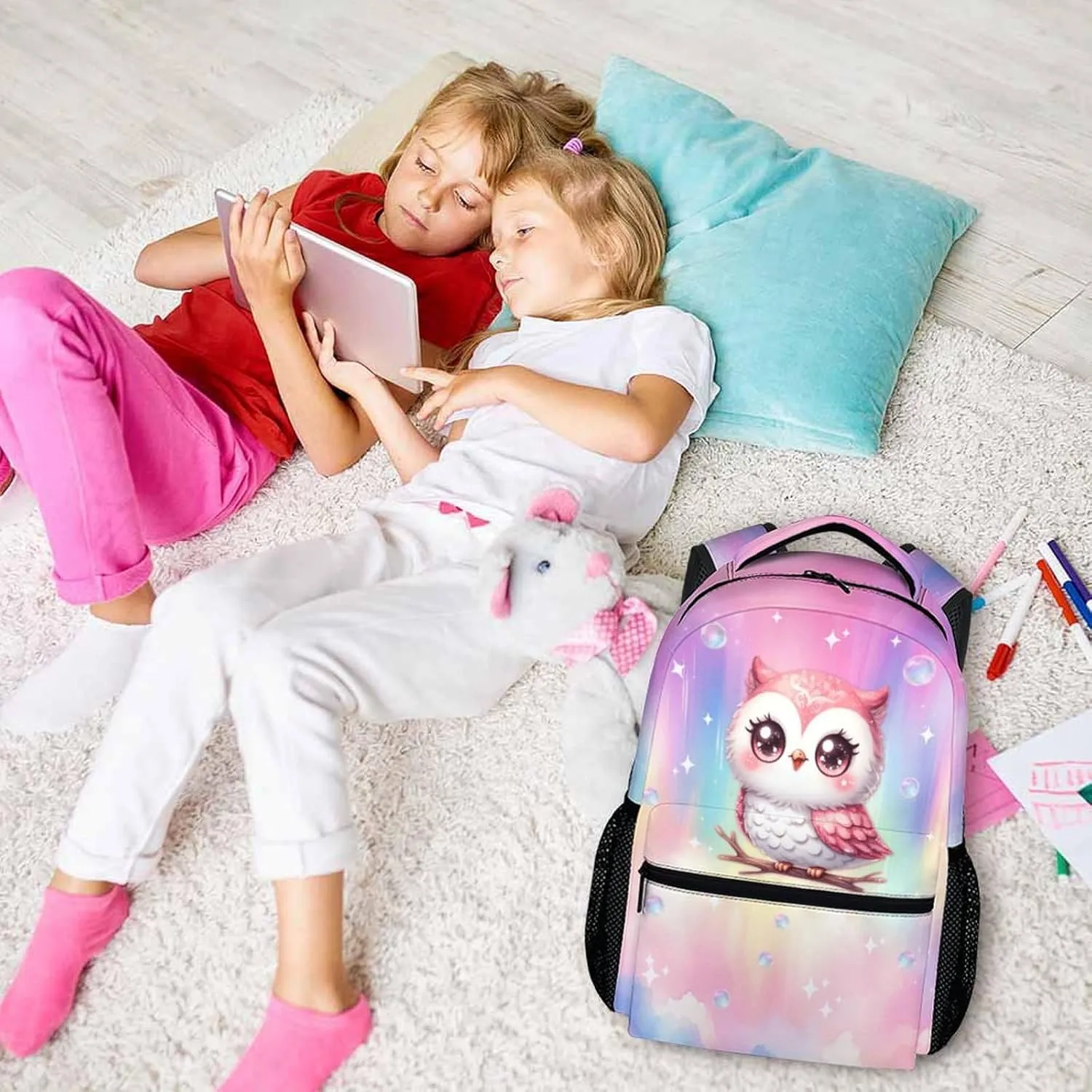 Backpack for Girls - Owl Bookbag for Kids - 17 Inch Pink Owl Schoolbag for Preschool Kindergarten Primary - Lightweight Backpack for School Travel