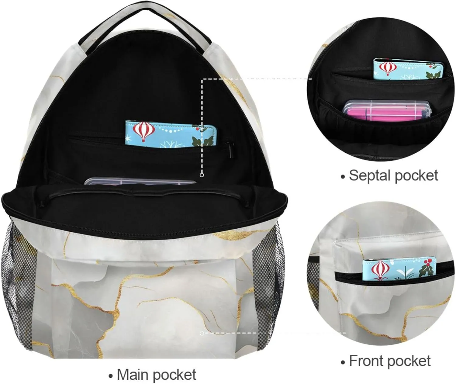 Backpack for Teens Boys Girls Fashion College School Computer Bag with Chest Strap for Travel Trip Marble White Neutral