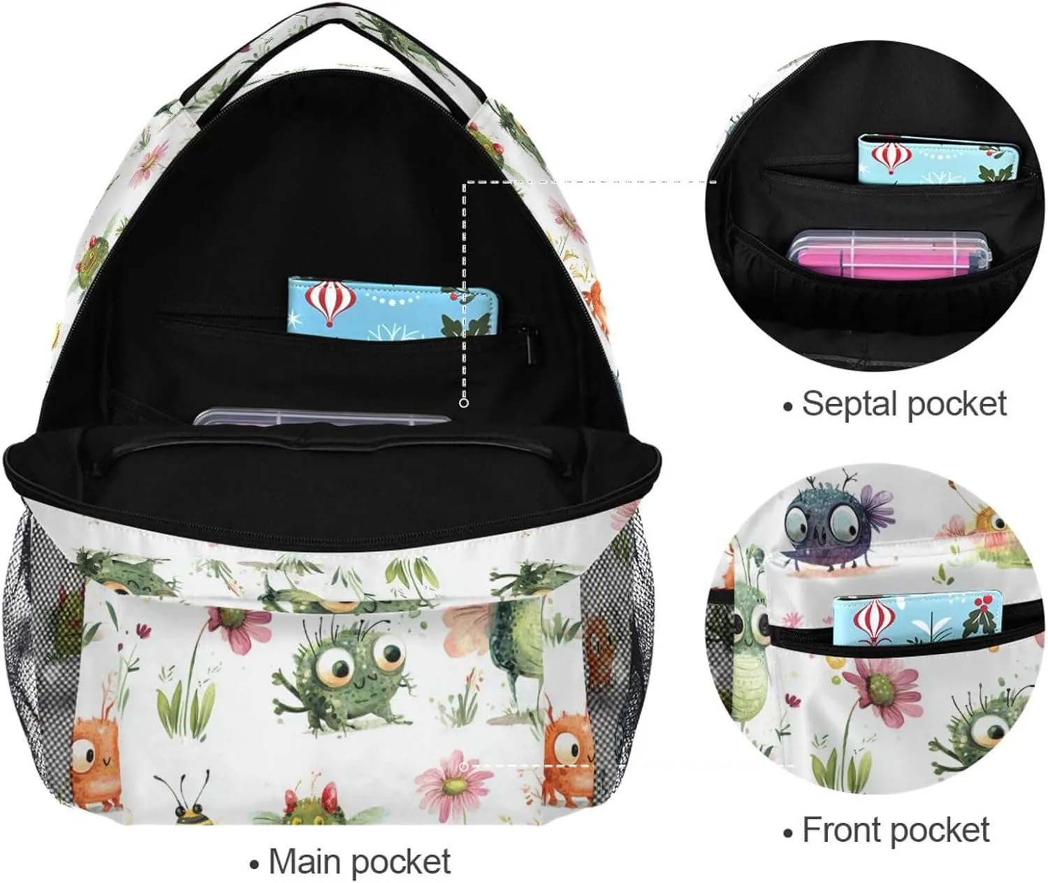 Backpack for Unisex Adult Fashion Backpack With Water Bottle Pocket with Chest Strap for Travel Trip Cartoon Sweet Aliens White