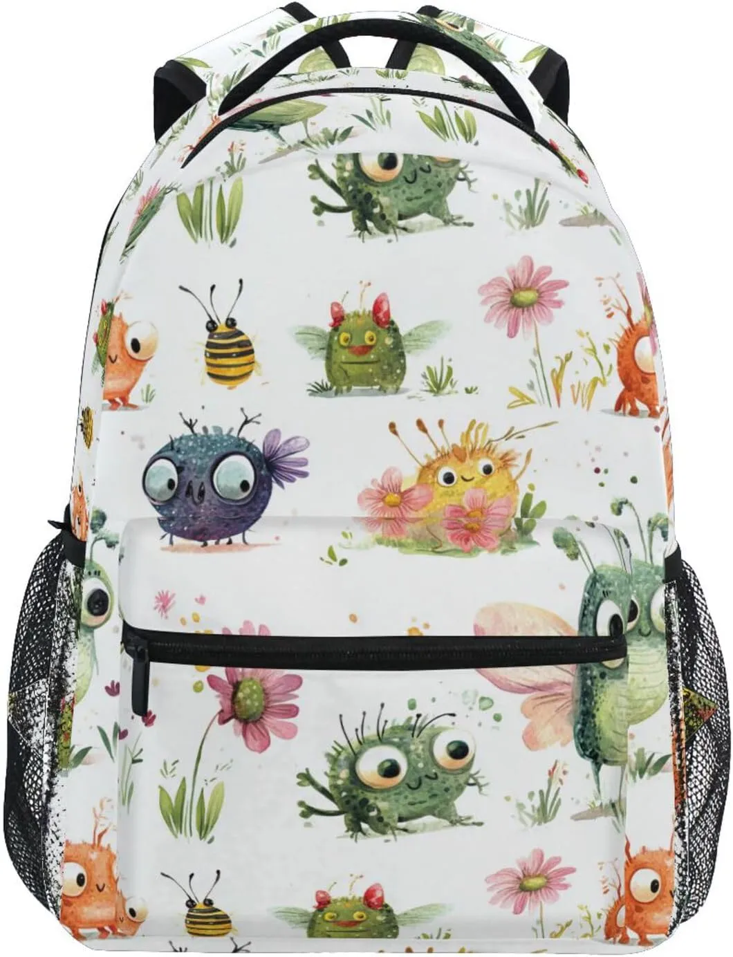 Backpack for Unisex Adult Fashion Backpack With Water Bottle Pocket with Chest Strap for Travel Trip Cartoon Sweet Aliens White
