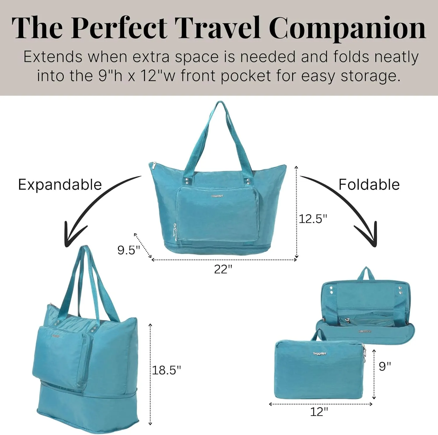 Baggallini Carryall Expandable Lightweight Travel Tote 22" Packable Folding Compact Nylon Washable Weekender w/Luggage Sleeve