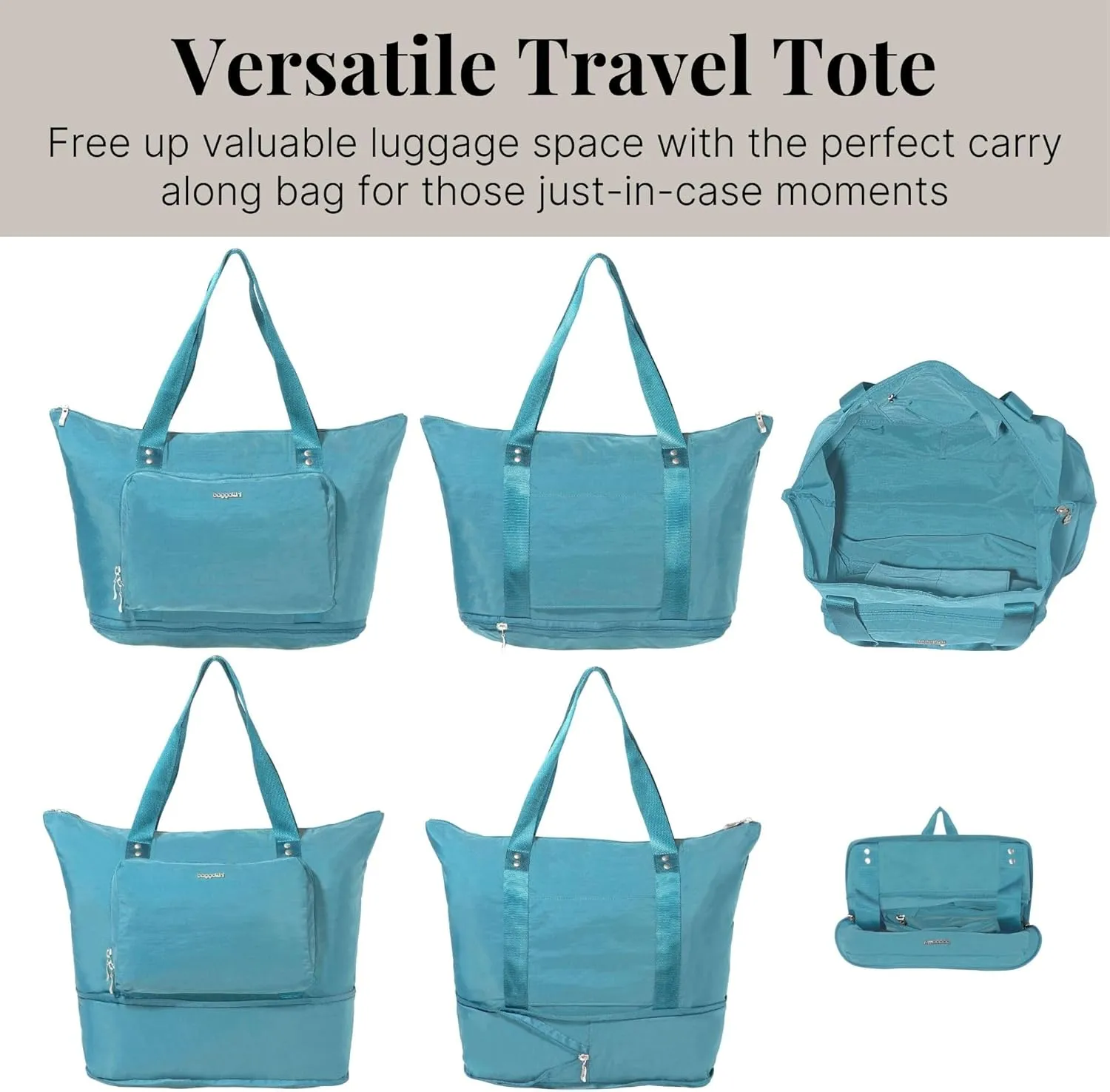 Baggallini Carryall Expandable Lightweight Travel Tote 22" Packable Folding Compact Nylon Washable Weekender w/Luggage Sleeve