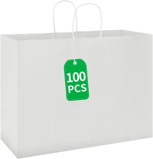 bagmad 100 Pack 16x6x12 Inches Large White Kraft Paper Bags with Handles Bulk for Shopping Wedding Grocery Retail Merchandise Business Craft Gift Bags(100 Count)