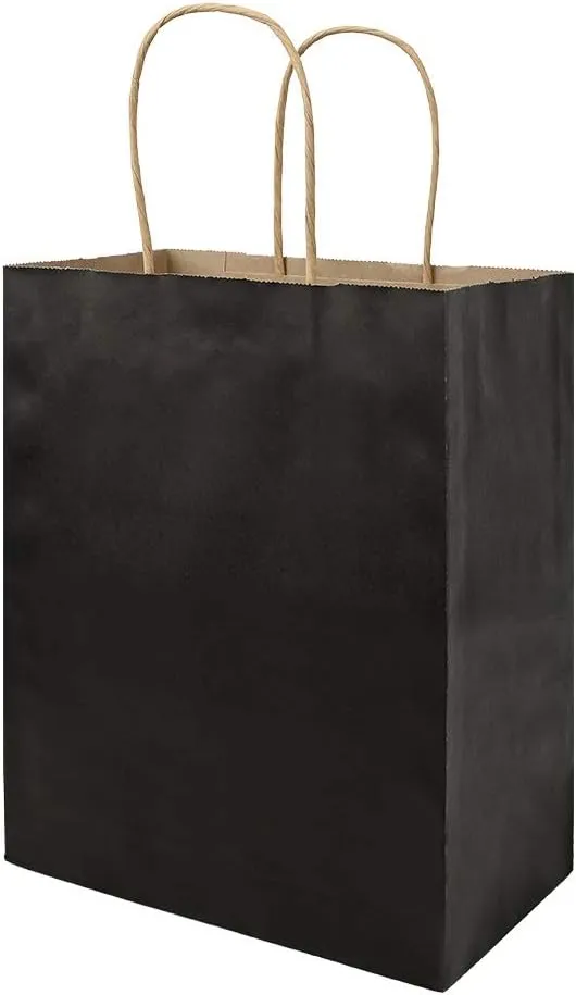 bagmad 100 Pack Medium 8x4.75x10 inch Black Kraft Paper Bags with Handles Bulk, Gift Bags, Craft Grocery Shopping Retail Party Favors Wedding Bags Sacks (Black, 100pcs)