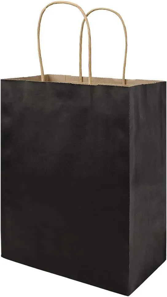 bagmad 100 Pack Medium 8x4.75x10 inch Black Kraft Paper Bags with Handles Bulk, Gift Bags, Craft Grocery Shopping Retail Party Favors Wedding Bags Sacks (Black, 100pcs)