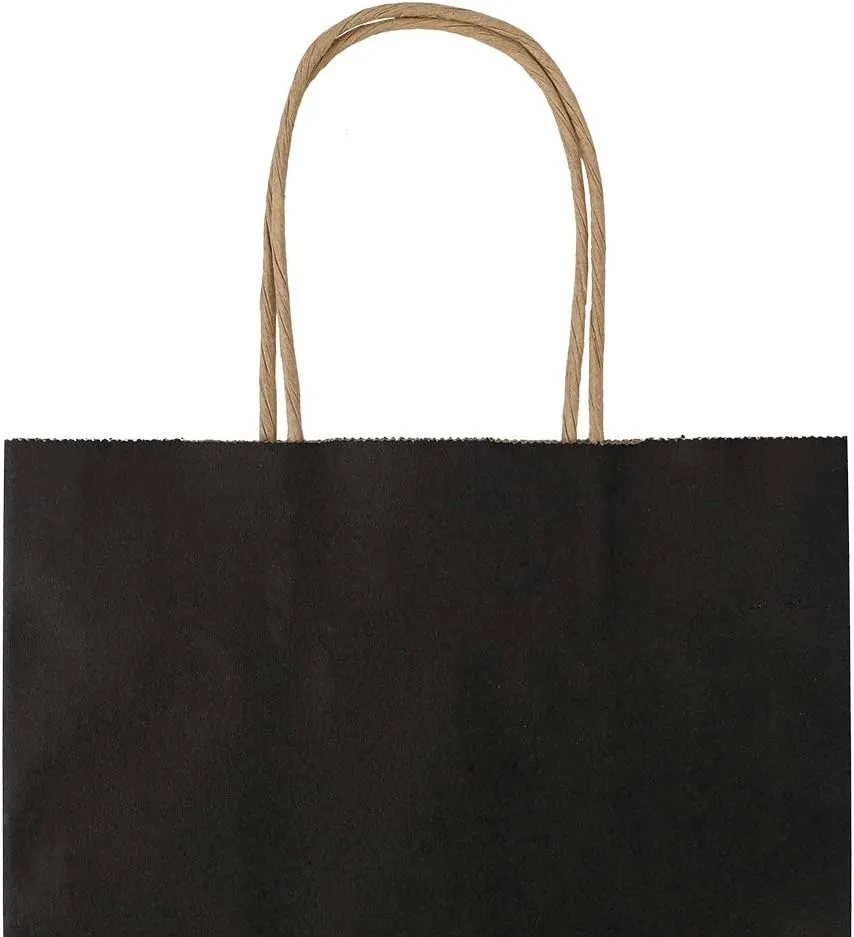 bagmad 100 Pack Medium 8x4.75x10 inch Black Kraft Paper Bags with Handles Bulk, Gift Bags, Craft Grocery Shopping Retail Party Favors Wedding Bags Sacks (Black, 100pcs)