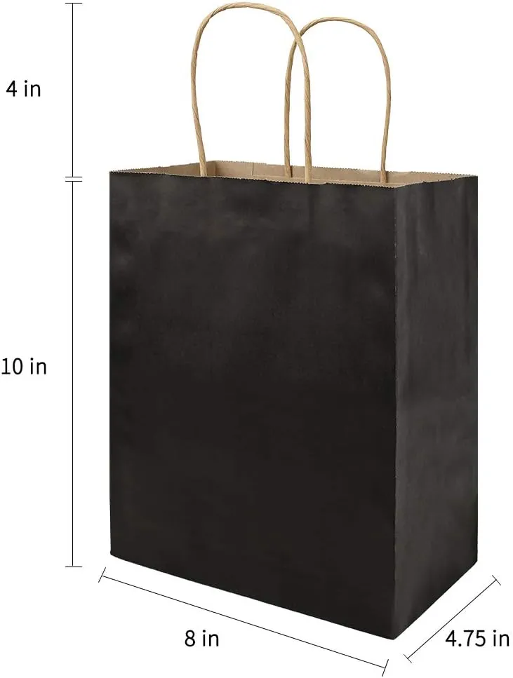 bagmad 100 Pack Medium 8x4.75x10 inch Black Kraft Paper Bags with Handles Bulk, Gift Bags, Craft Grocery Shopping Retail Party Favors Wedding Bags Sacks (Black, 100pcs)