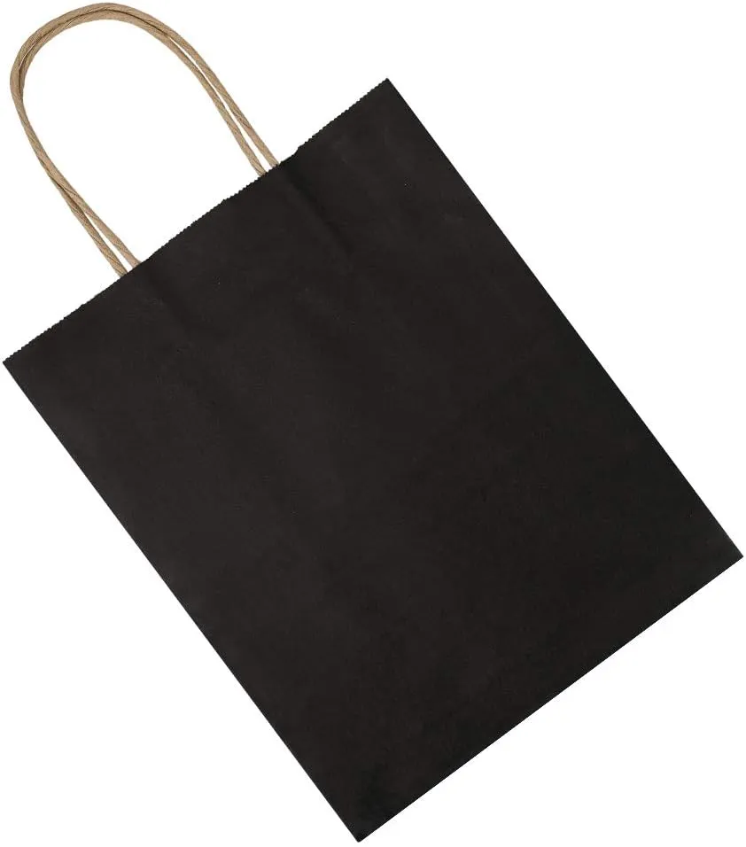 bagmad 100 Pack Medium 8x4.75x10 inch Black Kraft Paper Bags with Handles Bulk, Gift Bags, Craft Grocery Shopping Retail Party Favors Wedding Bags Sacks (Black, 100pcs)