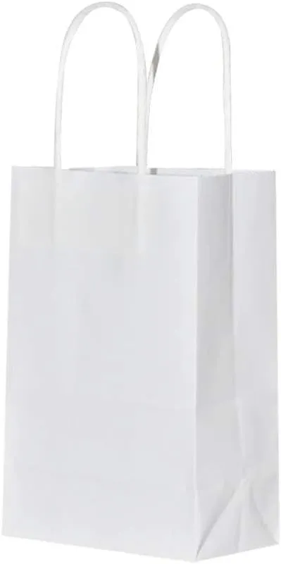 bagmad 100 Pack Sturdy Small White Kraft Paper Bags with Handles Bulk, Gift Bags 5.25x3.25x8 Inch, Craft Grocery Shopping Retail Party Favors Wedding Business Sacks (White, 100pcs)
