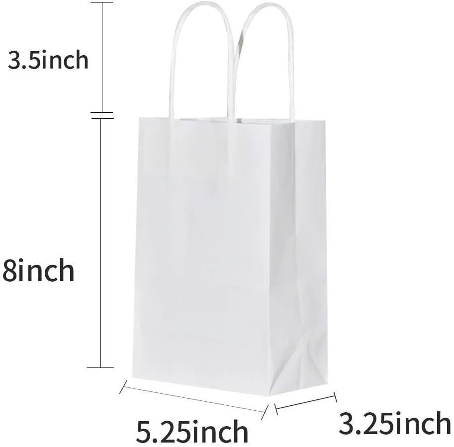 bagmad 100 Pack Sturdy Small White Kraft Paper Bags with Handles Bulk, Gift Bags 5.25x3.25x8 Inch, Craft Grocery Shopping Retail Party Favors Wedding Business Sacks (White, 100pcs)