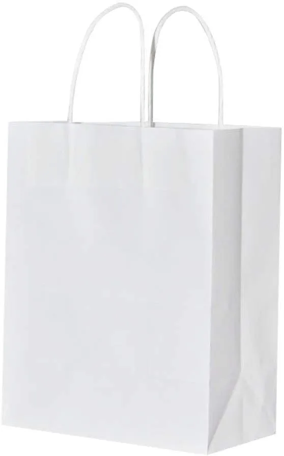 bagmad 100 Pack Sturdy Small White Kraft Paper Bags with Handles Bulk, Gift Bags 5.25x3.25x8 Inch, Craft Grocery Shopping Retail Party Favors Wedding Business Sacks (White, 100pcs)