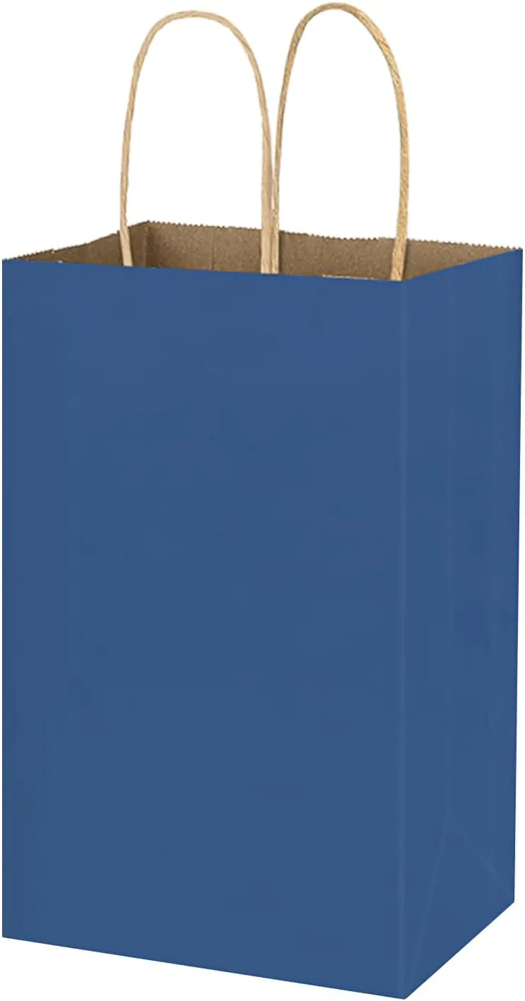 bagmad 50 Pack 5.25x3.25x8 Inch Small Blue Gift Paper Bags with Handles Bulk, Kraft Bags, Craft Grocery Shopping Retail Party Favors Wedding Business Sacks (Blue, 50pcs)