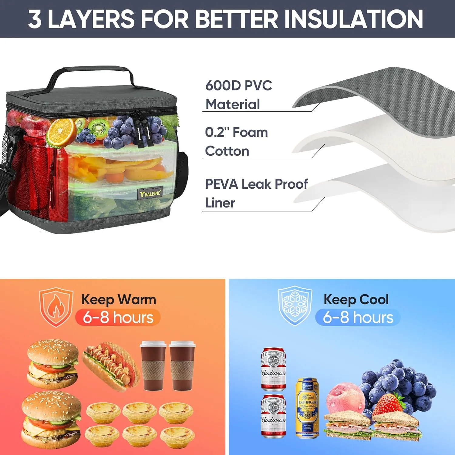 BALEINE Insulated Lunch Bag for Men Women, 15 Can Leakproof Cooler Bag with Adjustable Shoulder Strap for Work Picnic, Lunch Box for Women Men (Medium, Blue)