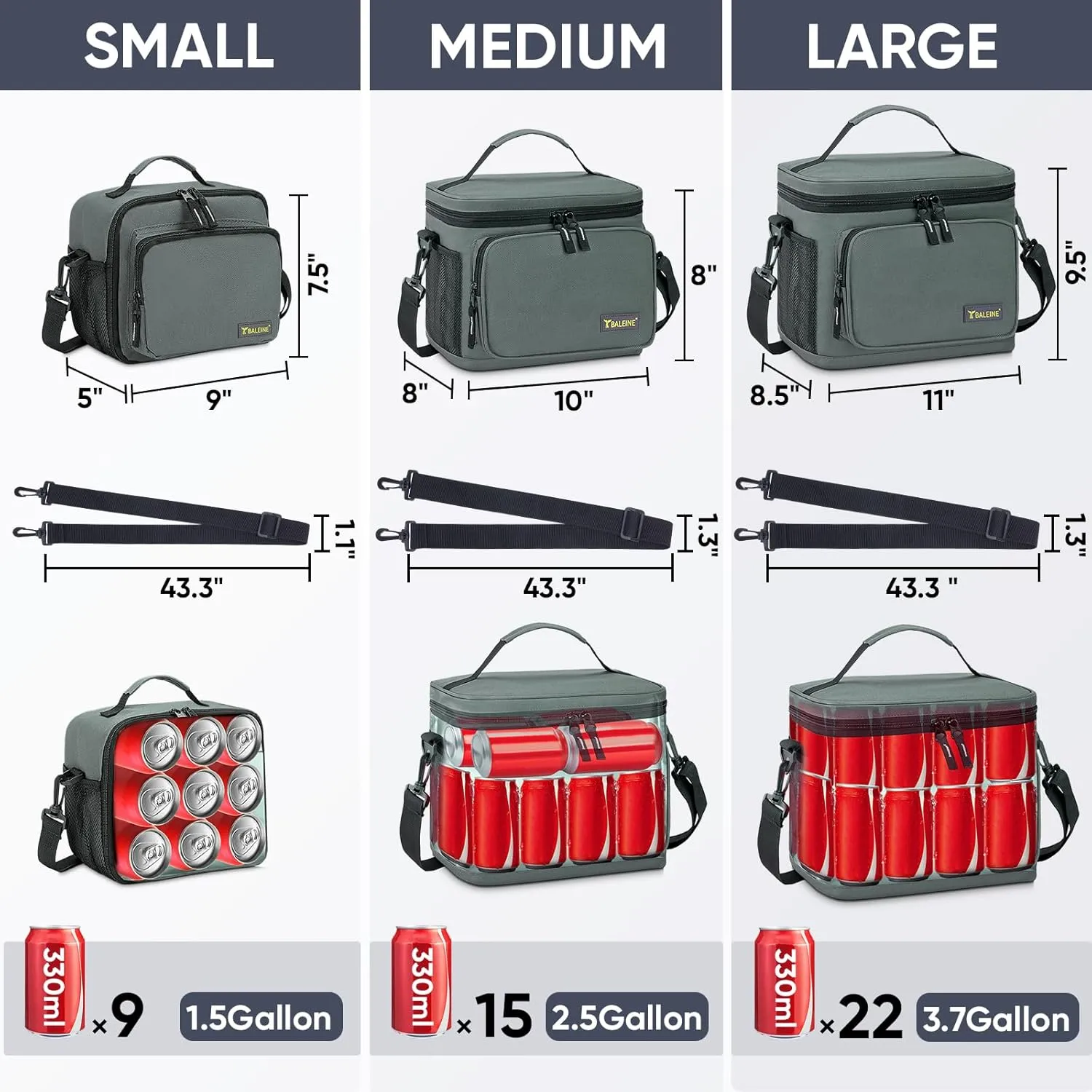 BALEINE Insulated Lunch Bag for Men Women, 15 Can Leakproof Cooler Bag with Adjustable Shoulder Strap for Work Picnic, Lunch Box for Women Men (Medium, Blue)
