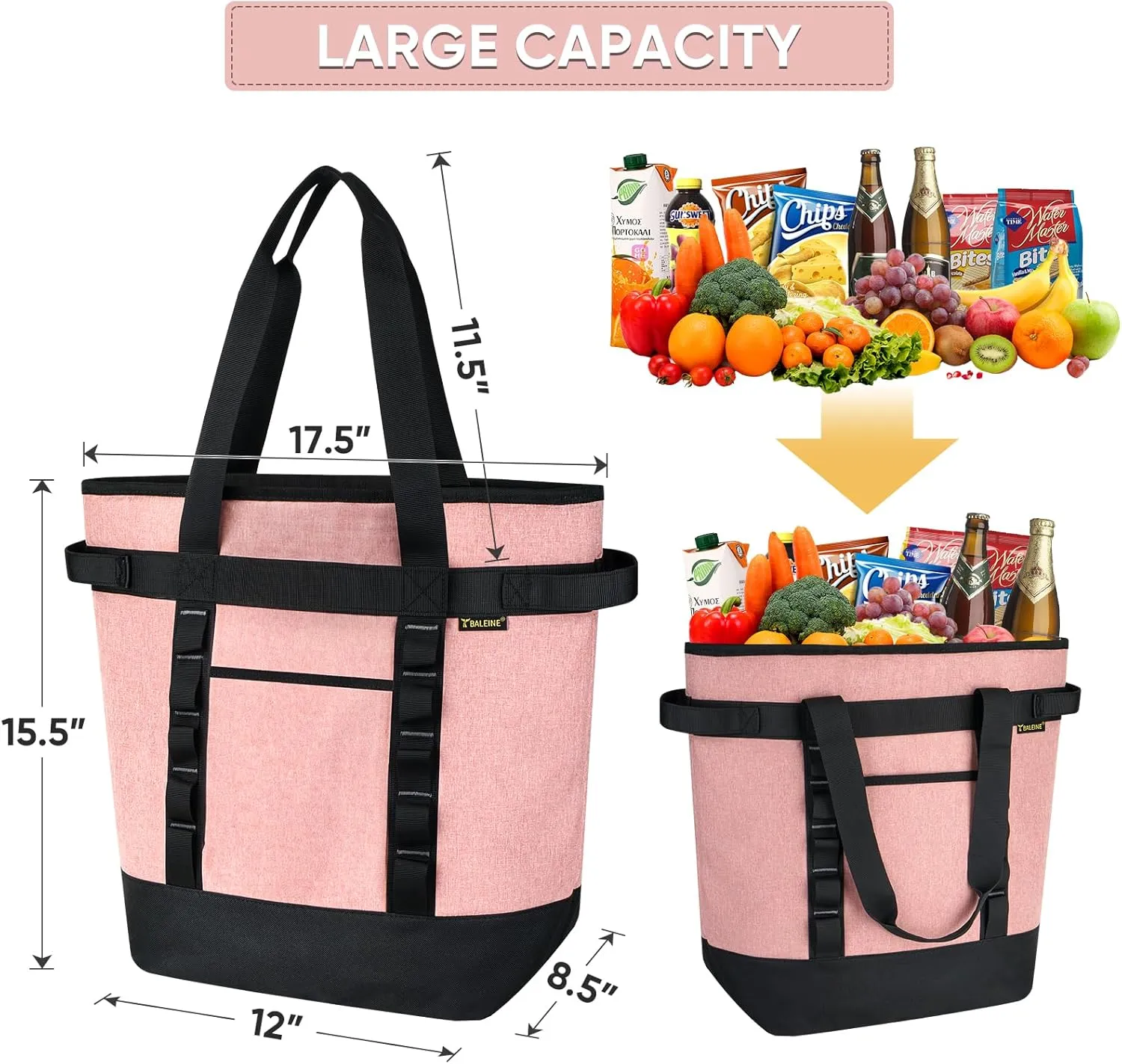 BALEINE Large 45-Can Cooler Bags Insulated, PEVA Soft Cooler Tote Bag, Insulated Grocery Bags with Zippered Top (8.5 Gallon, Teal)