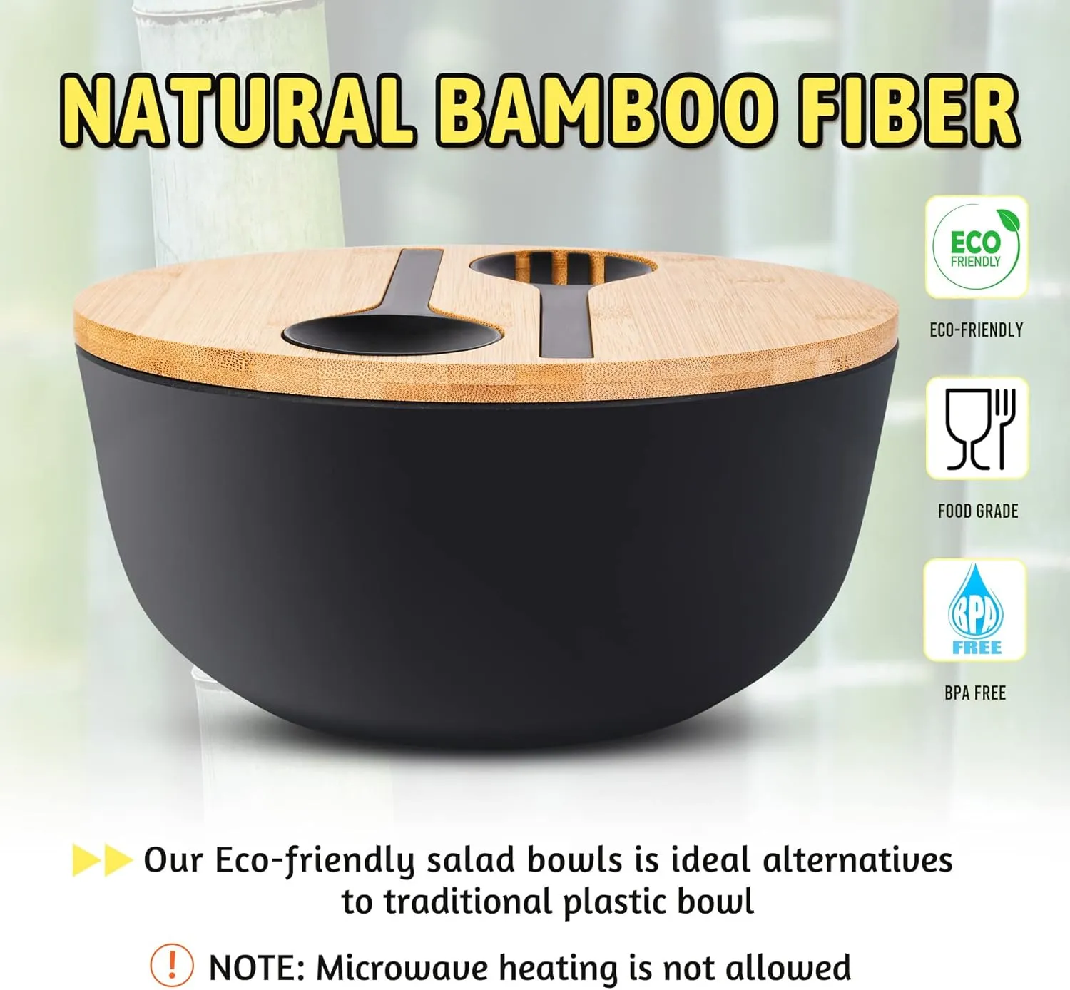 Bamboo Fiber Bowl with Lid & Servers, 4Qt, Melamine Serving Set, Mixing Bowl with Spoon Fork for Salad, Fruits, Vegetables and Pasta (Black, 9.8inch)