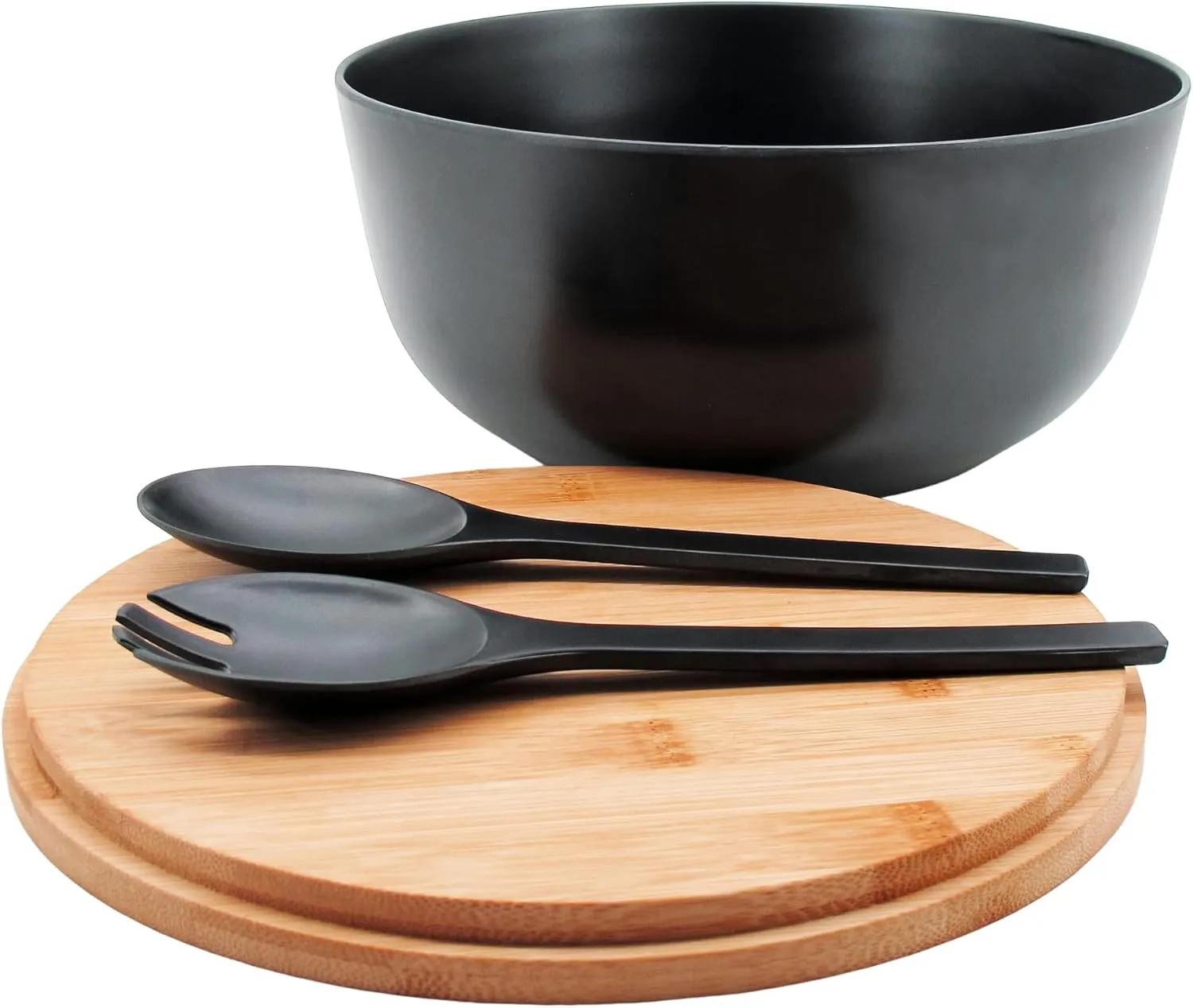 Bamboo Fiber Bowl with Lid & Servers, 4Qt, Melamine Serving Set, Mixing Bowl with Spoon Fork for Salad, Fruits, Vegetables and Pasta (Black, 9.8inch)