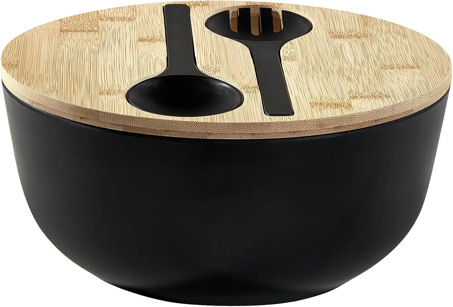 Bamboo Fiber Bowl with Lid & Servers, 4Qt, Melamine Serving Set, Mixing Bowl with Spoon Fork for Salad, Fruits, Vegetables and Pasta (Black, 9.8inch)