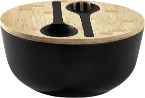 Bamboo Fiber Bowl with Lid & Servers, 4Qt, Melamine Serving Set, Mixing Bowl with Spoon Fork for Salad, Fruits, Vegetables and Pasta (Black, 9.8inch)